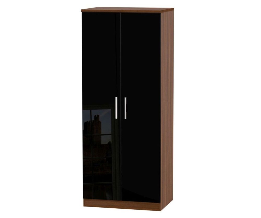 Welcome Furniture Knightsbridge High Gloss Black and Noche Walnut 2 Door Plain Wardrobe