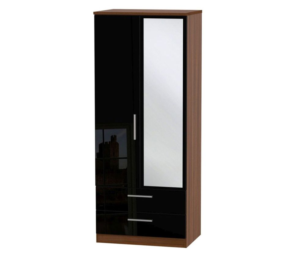 Welcome Furniture Knightsbridge High Gloss Black and Noche Walnut 2 Door 2 Drawer Mirror Wardrobe