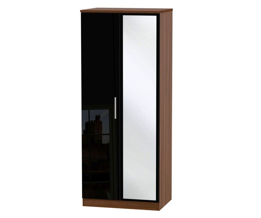 Welcome Furniture Knightsbridge High Gloss Black and Noche Walnut 2 Door Mirror Wardrobe