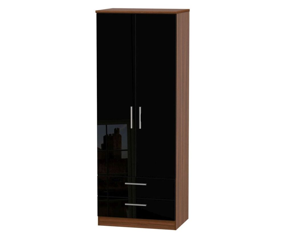 Welcome Furniture Knightsbridge High Gloss Black and Noche Walnut 2 Door 2 Drawer Tall Double Wardrobe