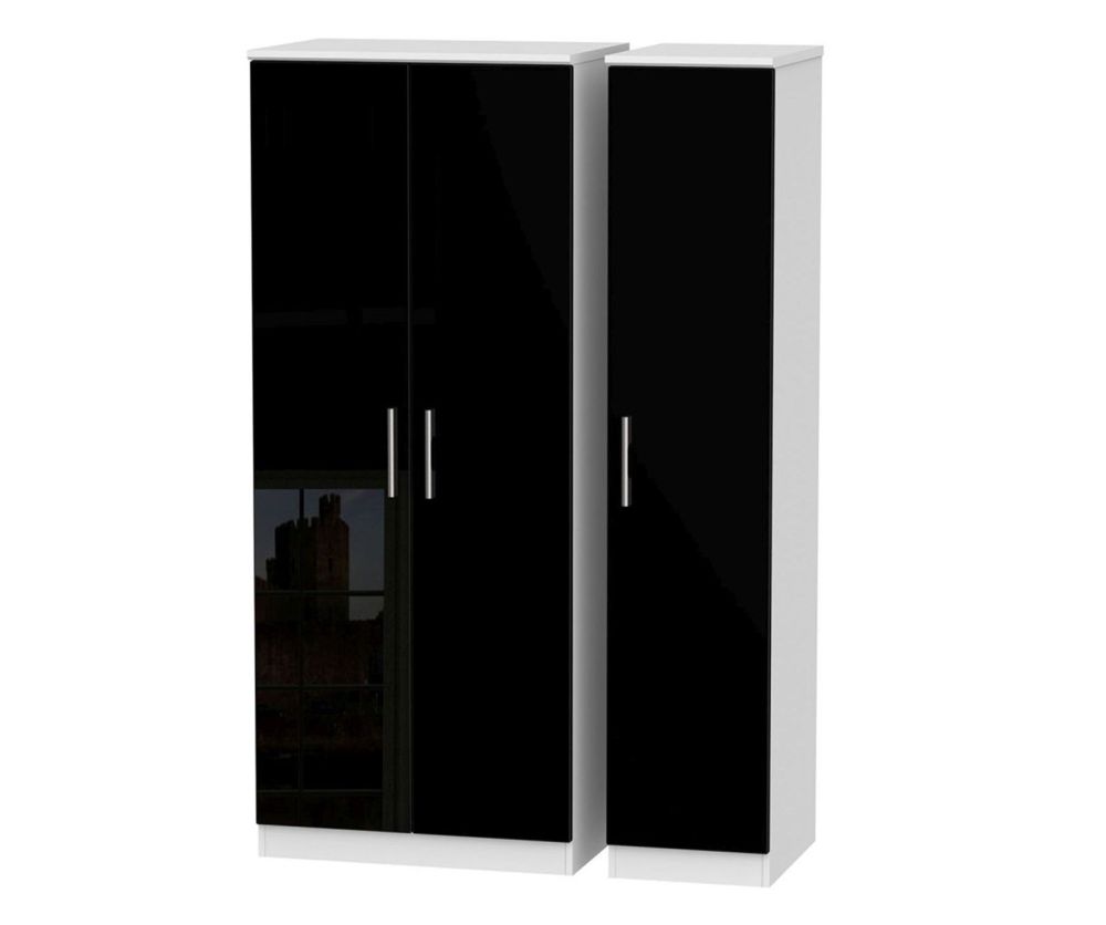Welcome Furniture Knightsbridge High Gloss Black and White 3 Door Tall Plain Triple Wardrobe