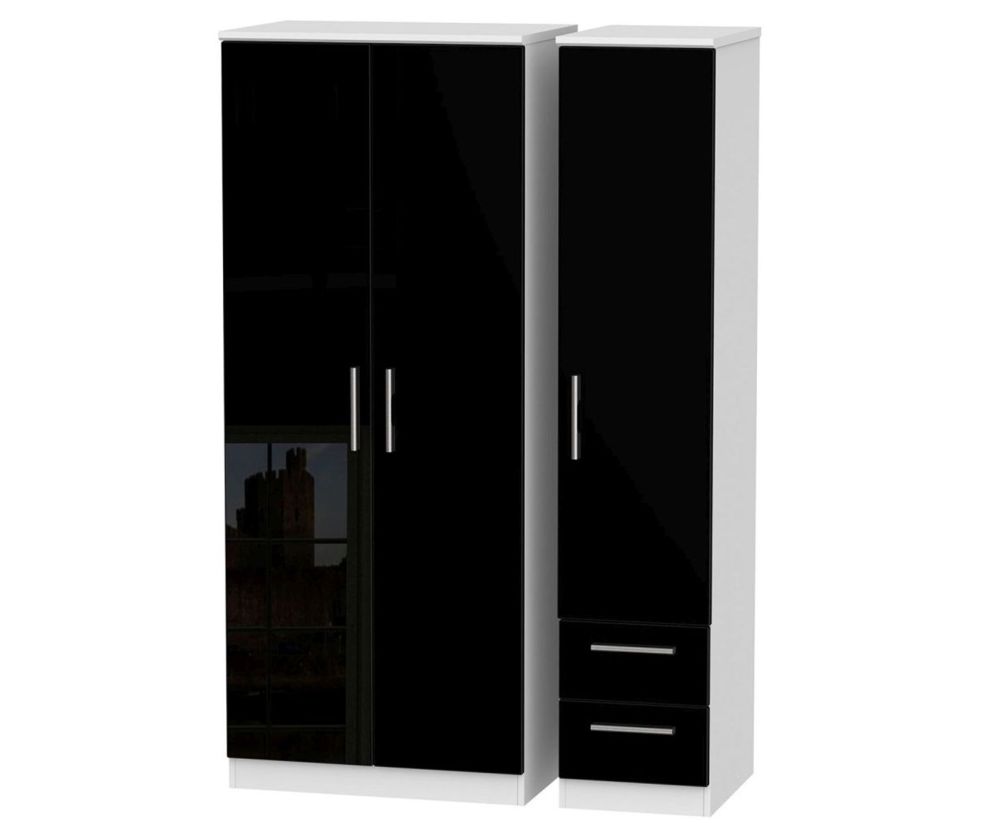 Welcome Furniture Knightsbridge High Gloss Black and White 3 Door 2 Drawer Plain Triple Wardrobe