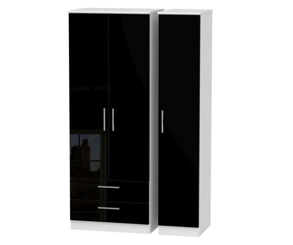 Welcome Furniture Knightsbridge High Gloss Black and White 3 Door 2 Drawer Tall Plain Triple Wardrobe
