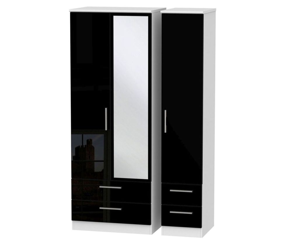 Welcome Furniture Knightsbridge High Gloss Black and White 3 Door 4 Drawer Tall Mirror Triple Wardrobe