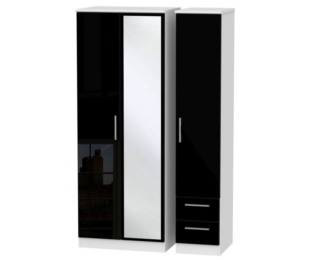 Welcome Furniture Knightsbridge High Gloss Black and White 3 Door 2 Drawer Tall Mirror Triple Wardrobe