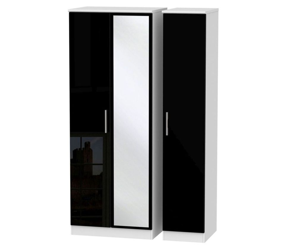 Welcome Furniture Knightsbridge High Gloss Black and White 3 Door Tall Mirror Triple Wardrobe