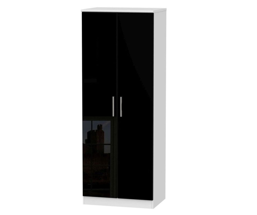 Welcome Furniture Knightsbridge High Gloss Black and White 2 Door Tall Plain Double Wardrobe