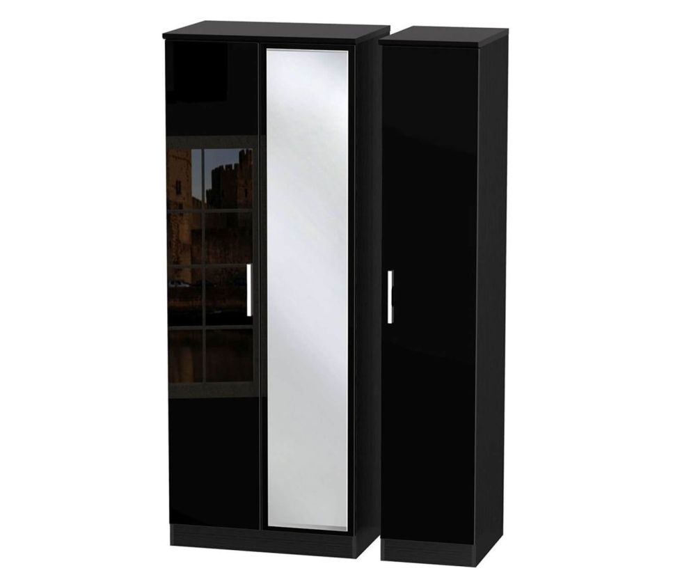 Welcome Furniture Knightsbridge High Gloss Black Tall Triple Wardrobe with Mirror