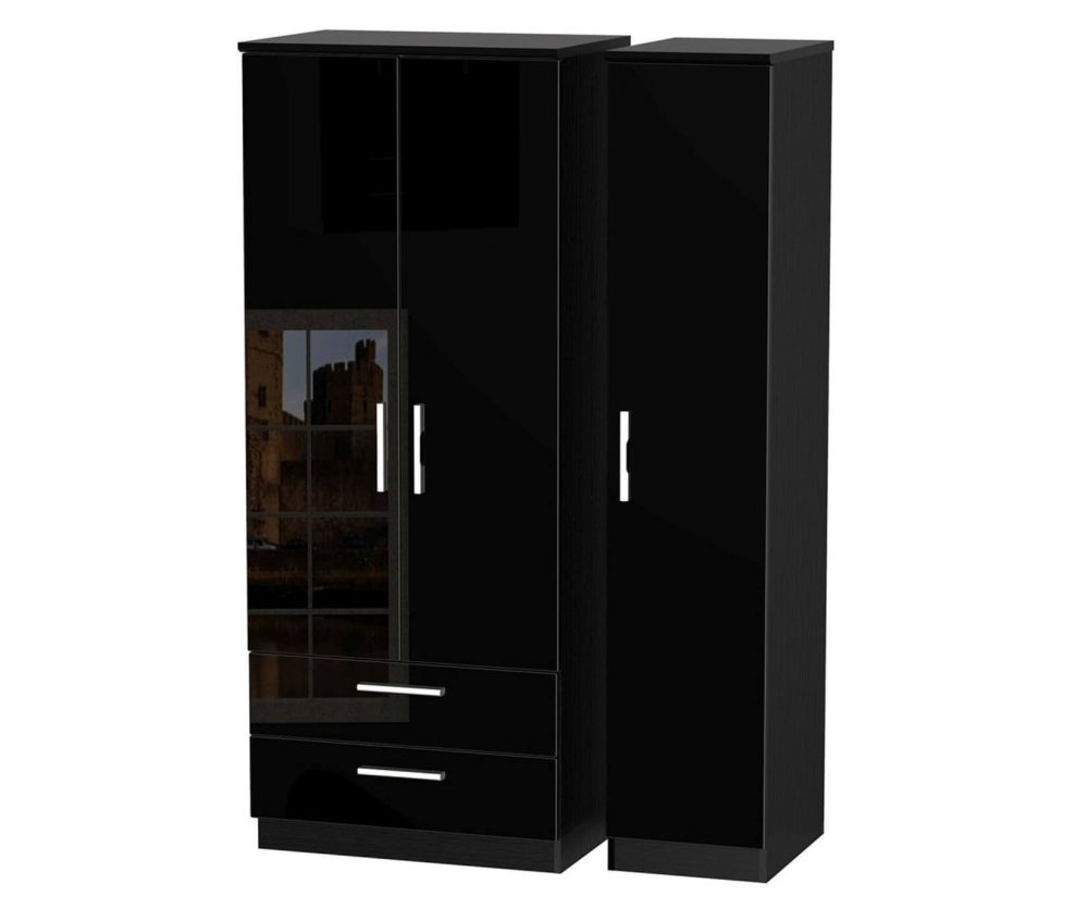 Welcome Furniture Knightsbridge High Gloss Black Triple 2 Drawer Wardrobe