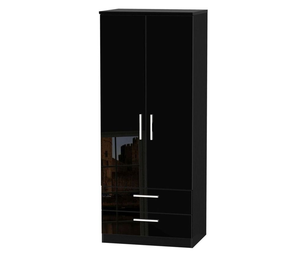 Welcome Furniture Knightsbridge High Gloss Black 2ft6in Plain Wardrobe with 2 Drawer