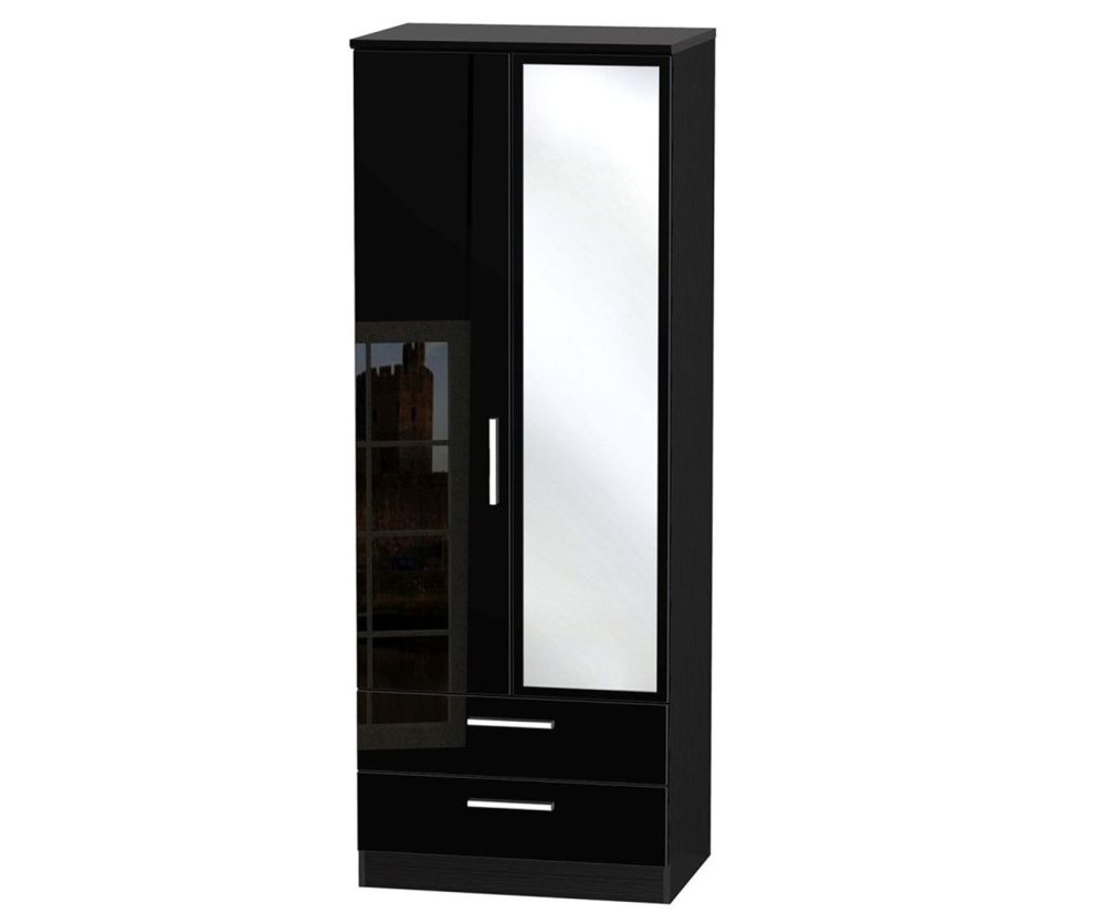 Welcome Furniture Knightsbridge High Gloss Black 2ft6in 2 Drawer Mirror Wardrobe