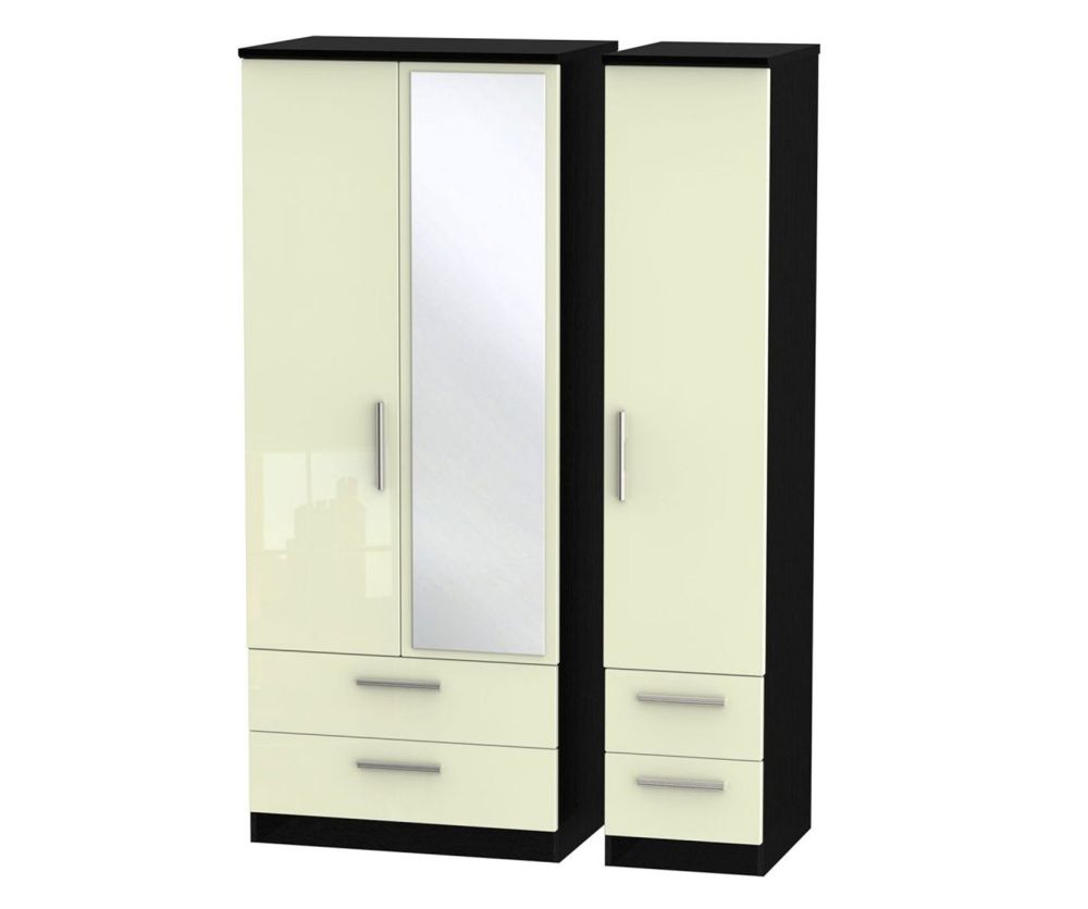 Welcome Furniture Knightsbridge High Gloss Cream and Black 3 Door 4 Drawer Mirror Triple Wardrobe