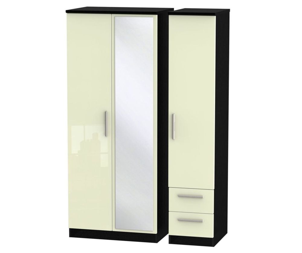 Welcome Furniture Knightsbridge High Gloss Cream and Black 3 Door 2 Drawer Mirror Triple Wardrobe