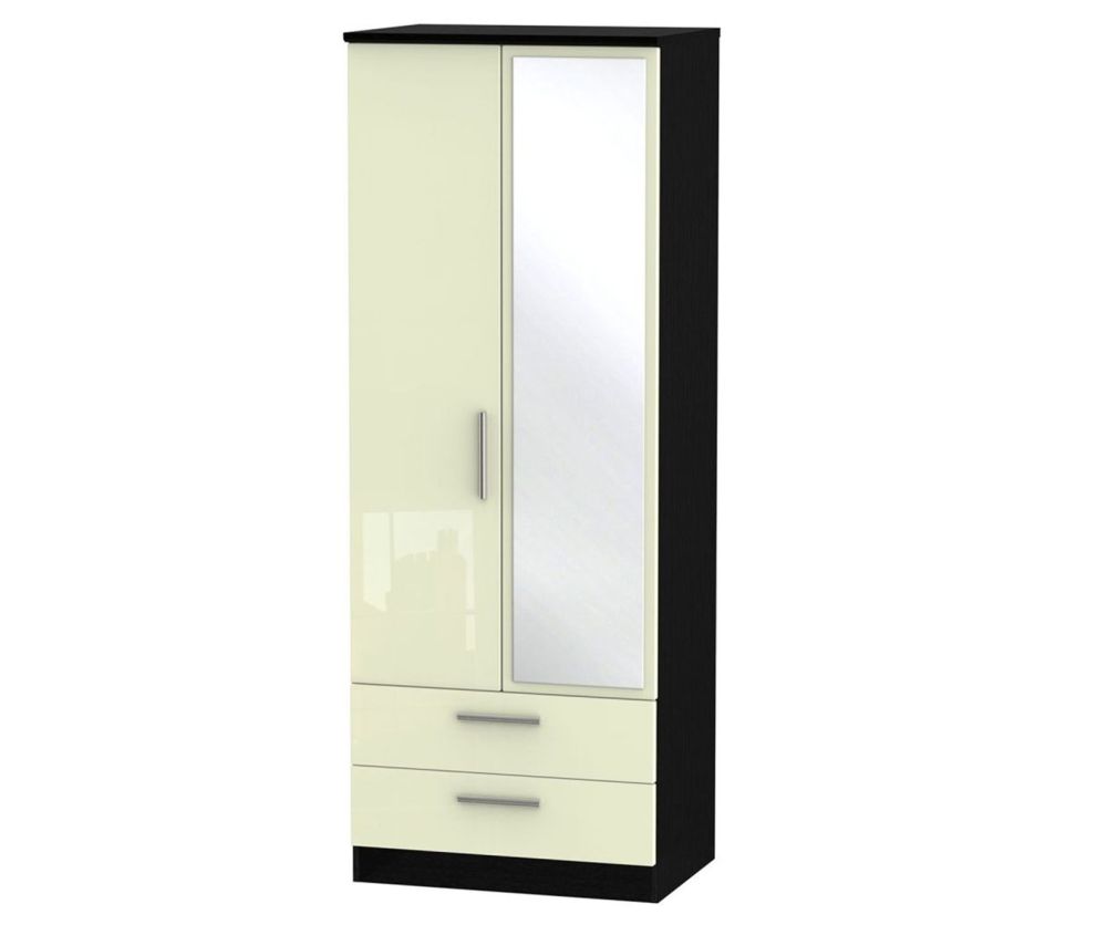 Welcome Furniture Knightsbridge High Gloss Cream and Black 2 Door 2 Drawer Tall Mirror Wardrobe