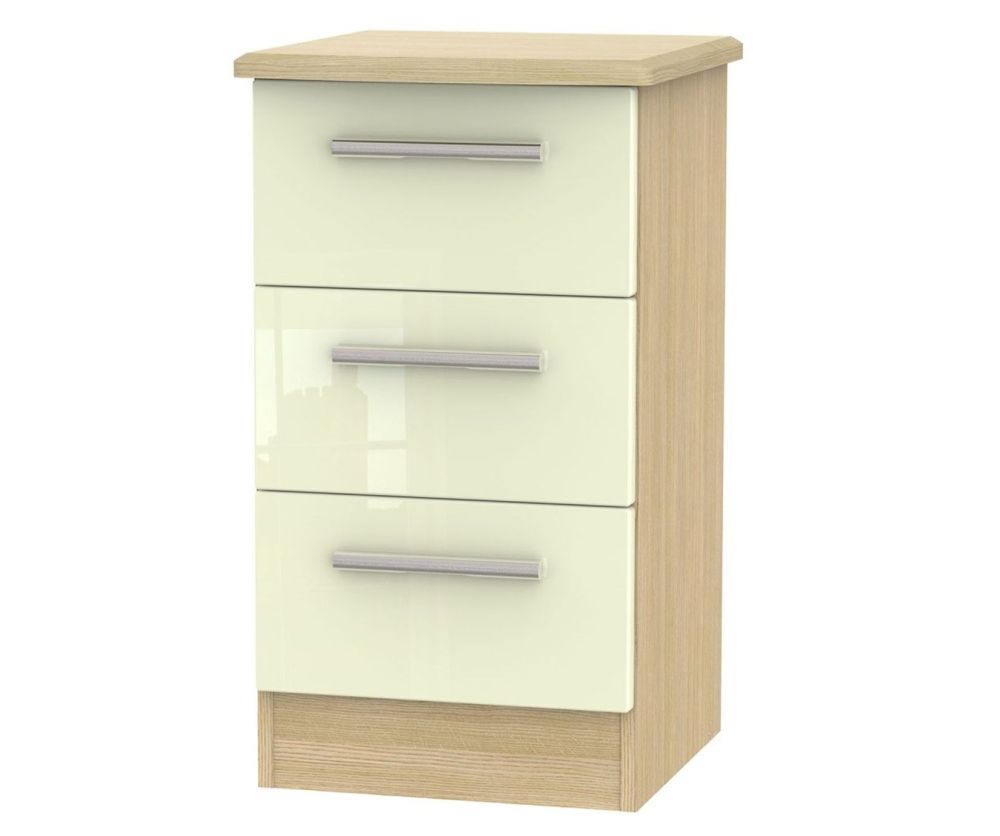 Welcome Furniture Knightsbridge High Gloss Cream and Light Oak 3 Drawer Locker Bedside Cabinet