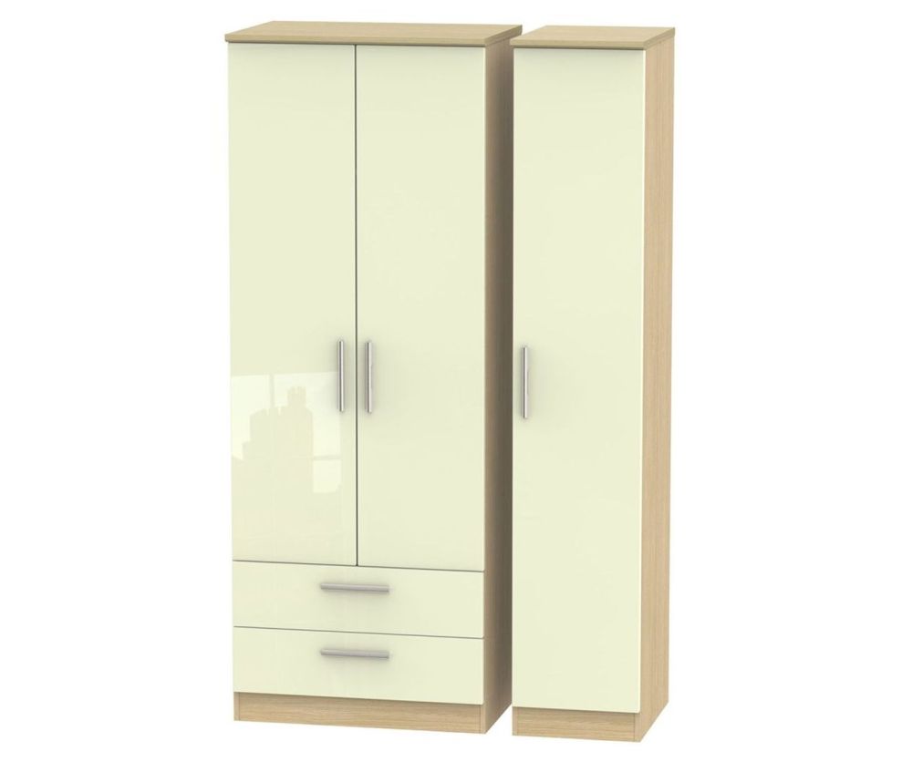 Welcome Furniture Knightsbridge High Gloss Cream and Light Oak 3 Door 2 Drawer Tall Plain Triple Wardrobe