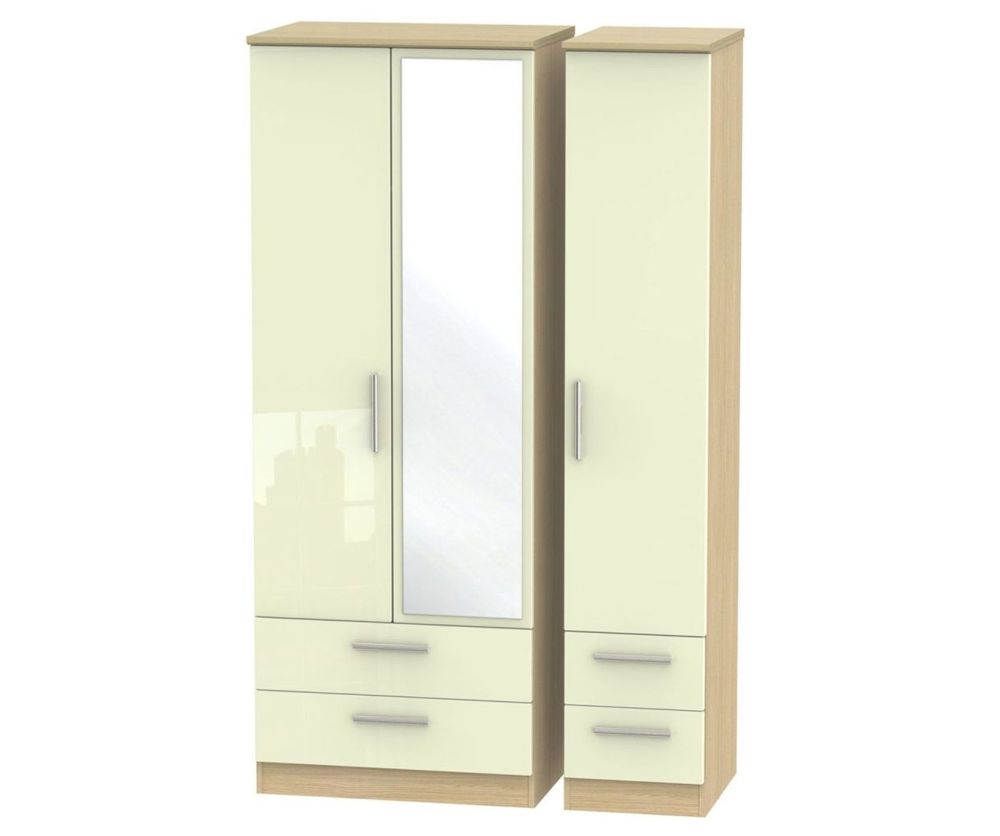 Welcome Furniture Knightsbridge High Gloss Cream and Light Oak 3 Door 4 Drawer Tall Mirror Triple Wardrobe