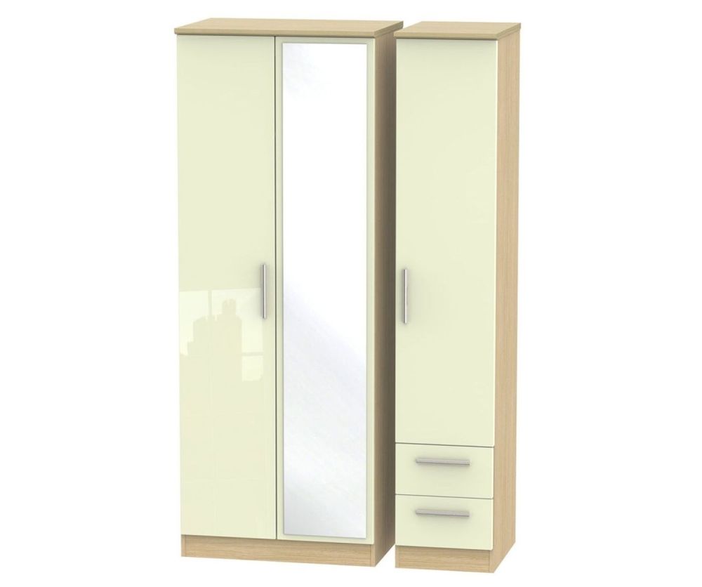 Welcome Furniture Knightsbridge High Gloss Cream and Oak 3 Door 2 Left Drawer Tall Mirror Triple Wardrobe