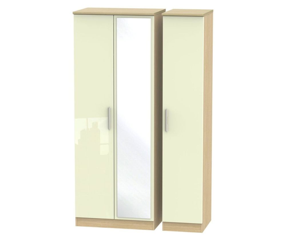 Welcome Furniture Knightsbridge High Gloss Cream and Light Oak 3 Door Tall Mirror Triple Wardrobe
