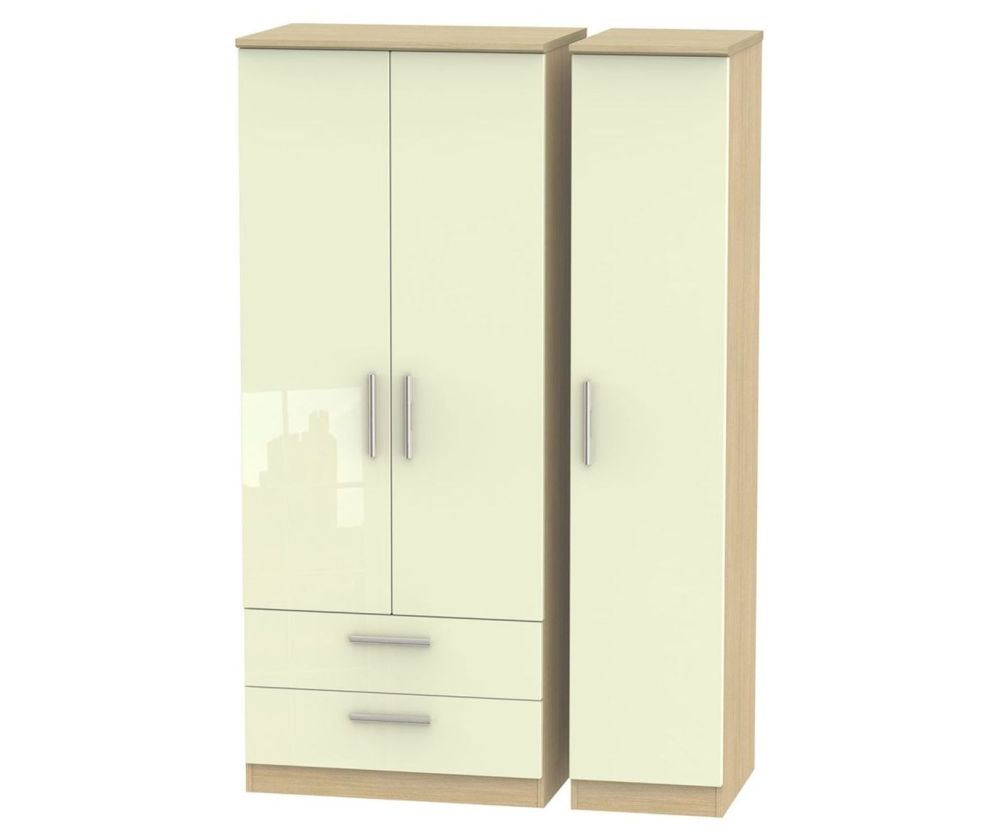 Welcome Furniture Knightsbridge High Gloss Cream and Light Oak 3 Door 2 Drawer Triple Wardrobe
