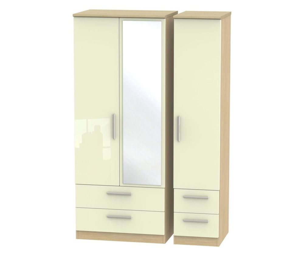 Welcome Furniture Knightsbridge High Gloss Cream and Light Oak 3 Door 4 Drawer Mirror Triple Wardrobe