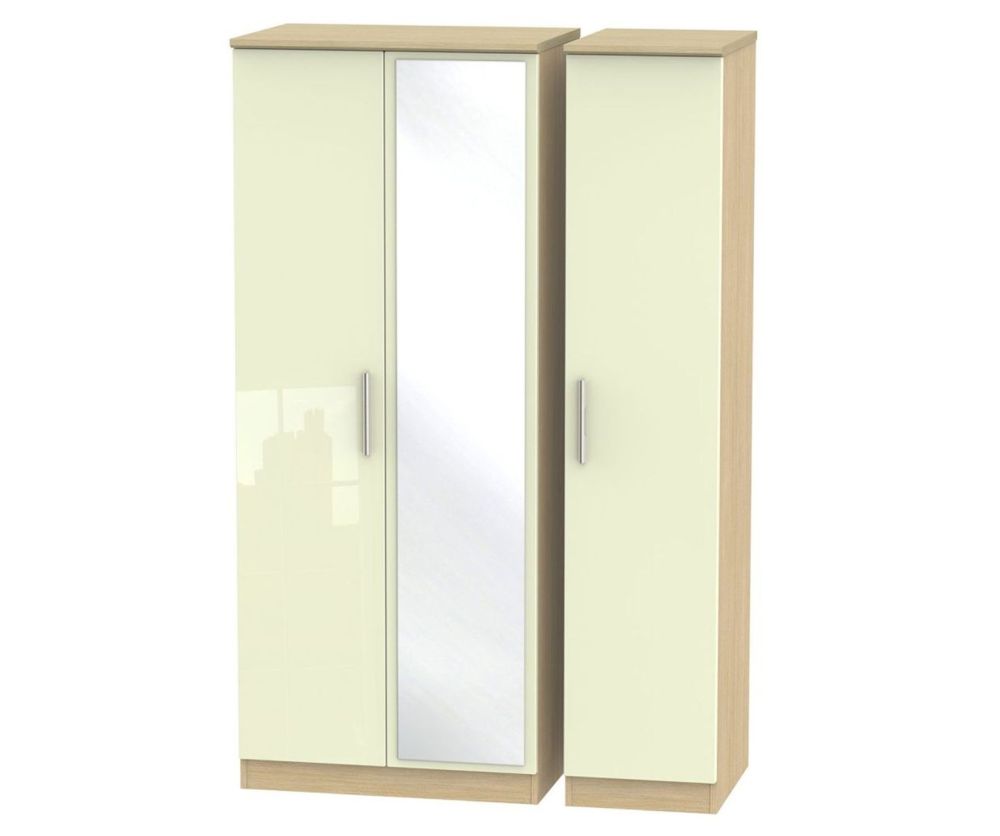 Welcome Furniture Knightsbridge High Gloss Cream and Light Oak 3 Door Mirror Triple Wardrobe