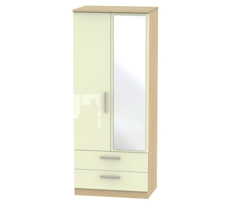 Welcome Furniture Knightsbridge High Gloss Cream and Light Oak 2 Door 2 Drawer Mirror Wardrobe