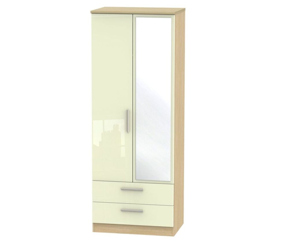 Welcome Furniture Knightsbridge High Gloss Cream and Light Oak 2 Door 2 Drawer Tall Mirror Double Wardrobe