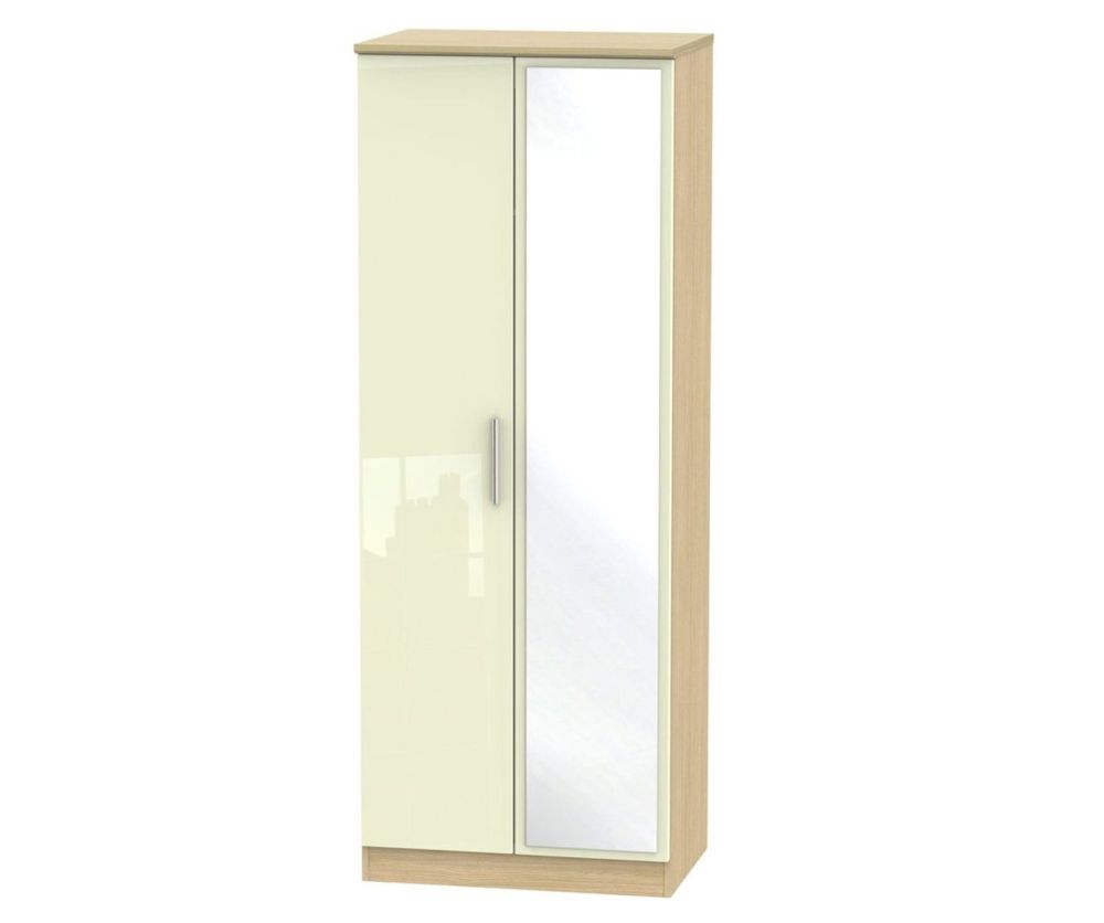 Welcome Furniture Knightsbridge High Gloss Cream and Light Oak 2 Door Tall Mirror Double Wardrobe