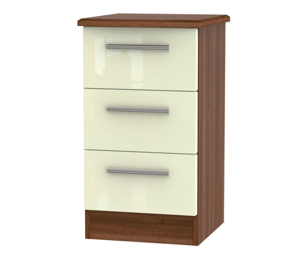 Welcome Furniture Knightsbridge High Gloss Cream and Noche Walnut 3 Drawer Locker Bedside Cabinet