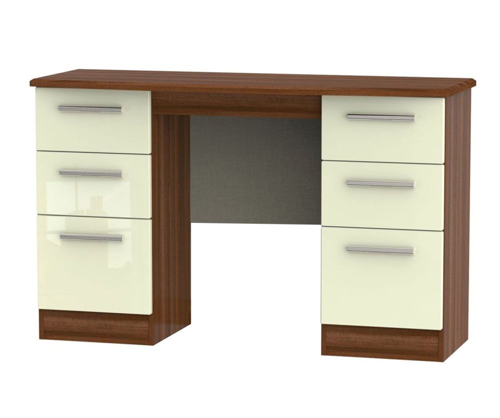 Welcome Furniture Knightsbridge High Gloss Cream and Noche Walnut Kneehole Double Pedestal Dressing Table