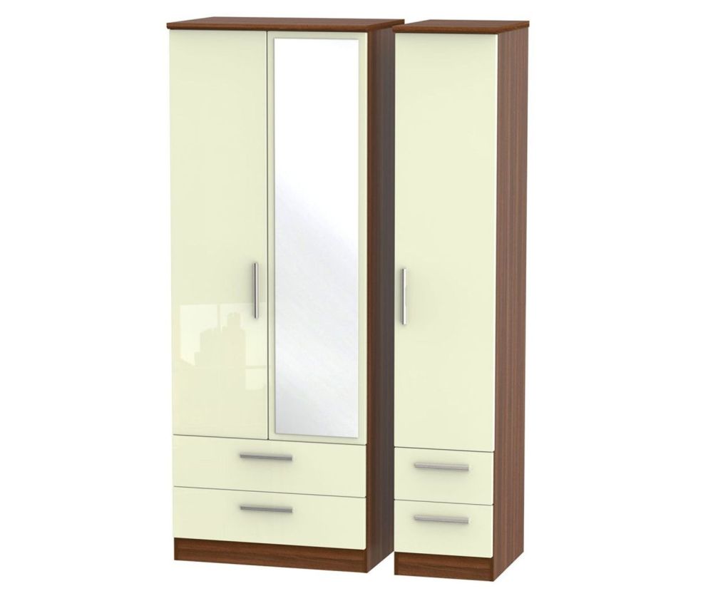 Welcome Furniture Knightsbridge High Gloss Cream and Noche Walnut 3 Door 4 Drawer Tall Mirror Triple Wardrobe