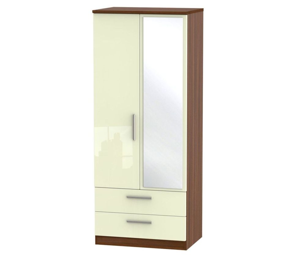 Welcome Furniture Knightsbridge High Gloss Cream and Noche Walnut 2 Door 2 Drawer Mirror Wardrobe