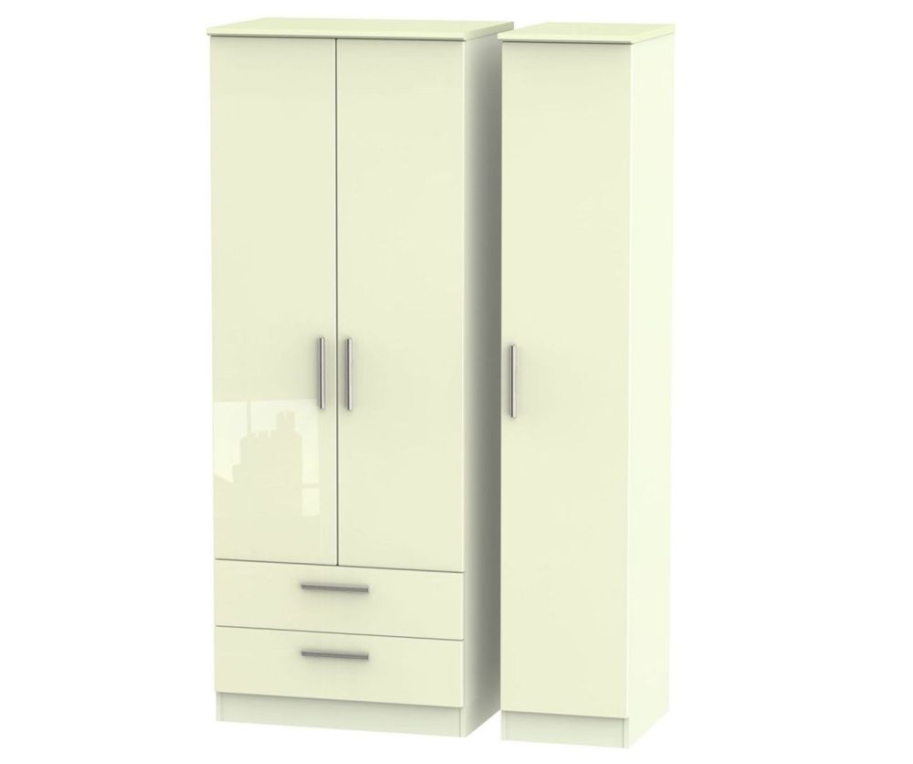 Welcome Furniture Knightsbridge High Gloss Cream 3 Door 2 Drawer Tall Triple Wardrobe
