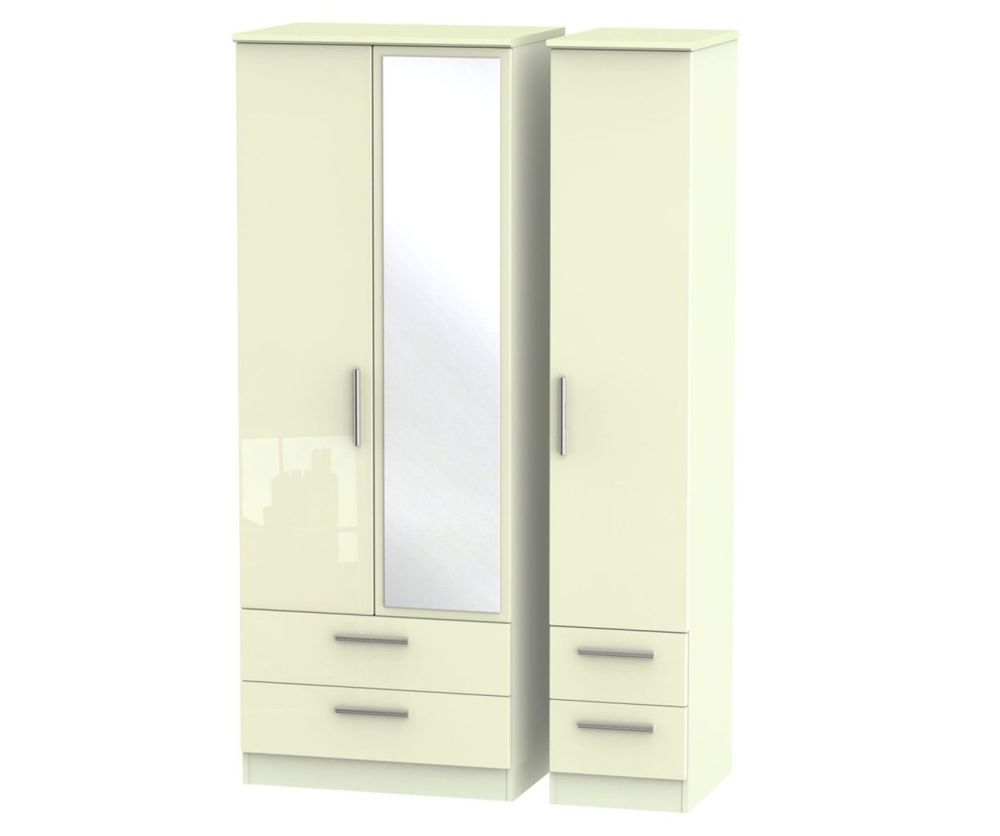 Welcome Furniture Knightsbridge High Gloss Cream 3 Door 4 Drawer Tall Mirror Triple Wardrobe