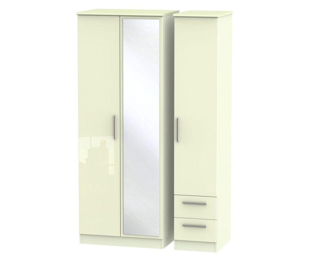 Welcome Furniture Knightsbridge High Gloss Cream 3 Door 2 Drawer Tall Mirror Triple Wardrobe