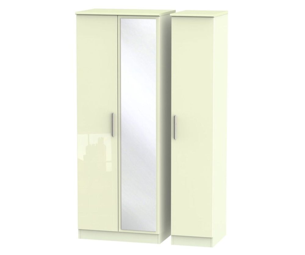 Welcome Furniture Knightsbridge High Gloss Cream 3 Door Tall Mirror Triple Wardrobe