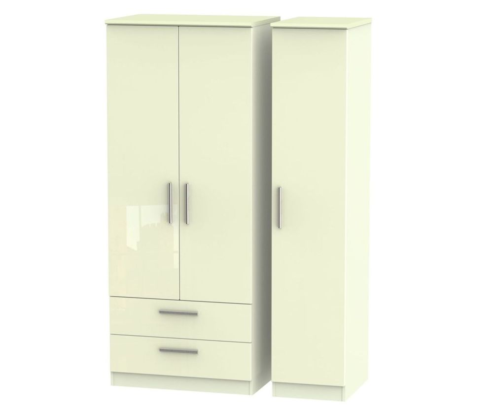 Welcome Furniture Knightsbridge High Gloss Cream 3 Door 2 Drawer Triple Wardrobe