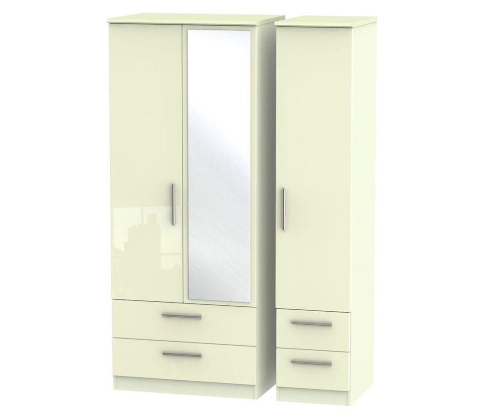 Welcome Furniture Knightsbridge High Gloss Cream 3 Door 4 Drawer Mirror Triple Wardrobe