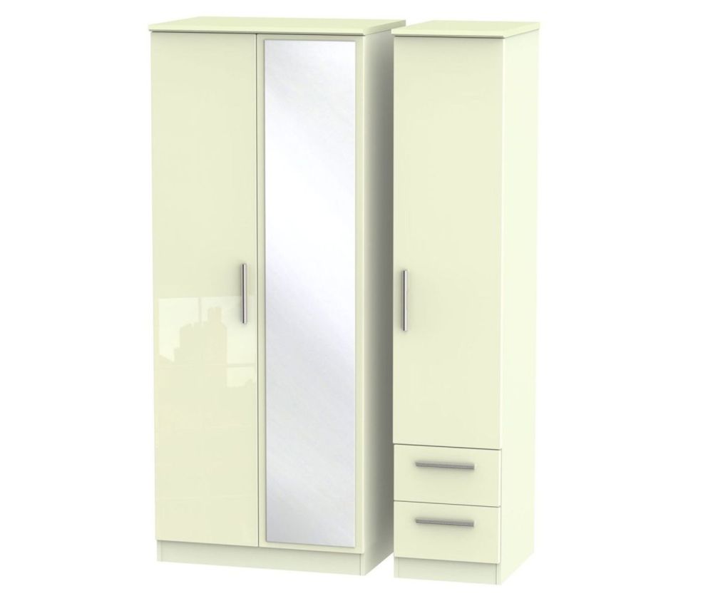 Welcome Furniture Knightsbridge High Gloss Cream 3 Door 2 Drawer Mirror Triple Wardrobe