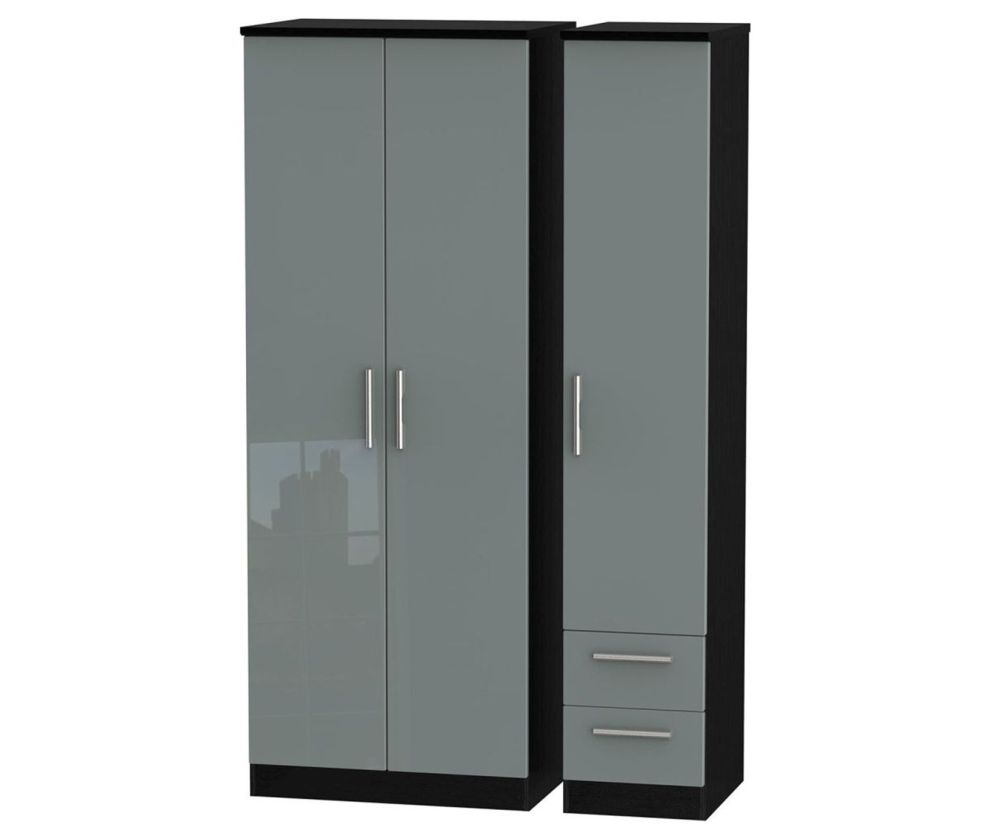 Welcome Furniture Knightsbridge High Gloss Grey and Black 3 Door 2 Drawer Plain Triple Wardrobe