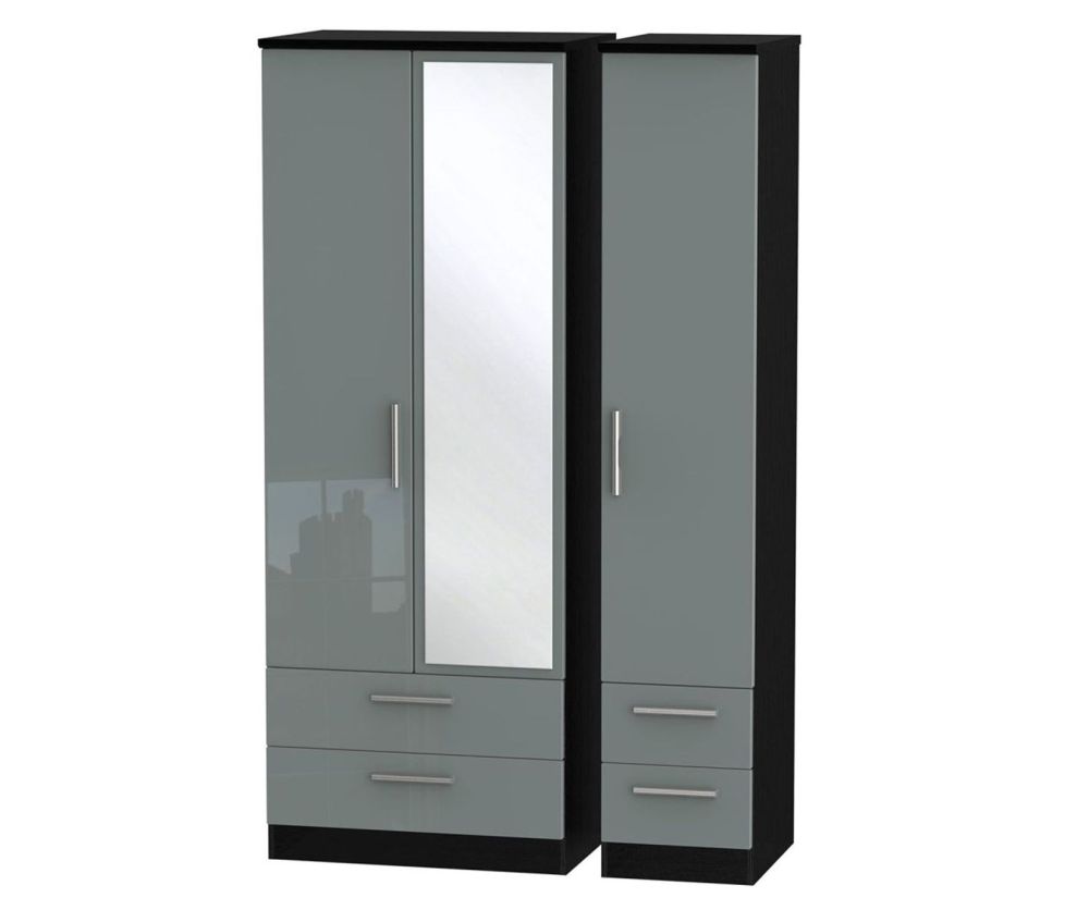 Welcome Furniture Knightsbridge High Gloss Grey and Black 3 Door 4 Drawer Tall Mirror Triple Wardrobe