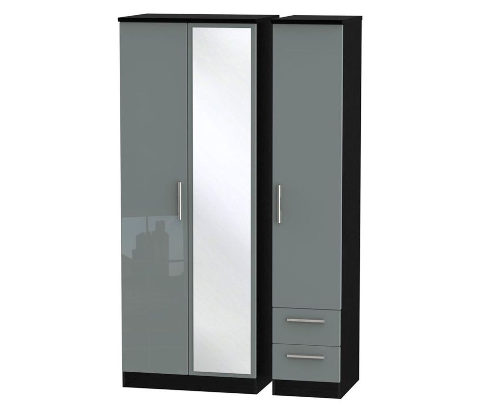 Welcome Furniture Knightsbridge High Gloss Grey and Black 3 Door 2 Drawer Tall Mirror Triple Wardrobe