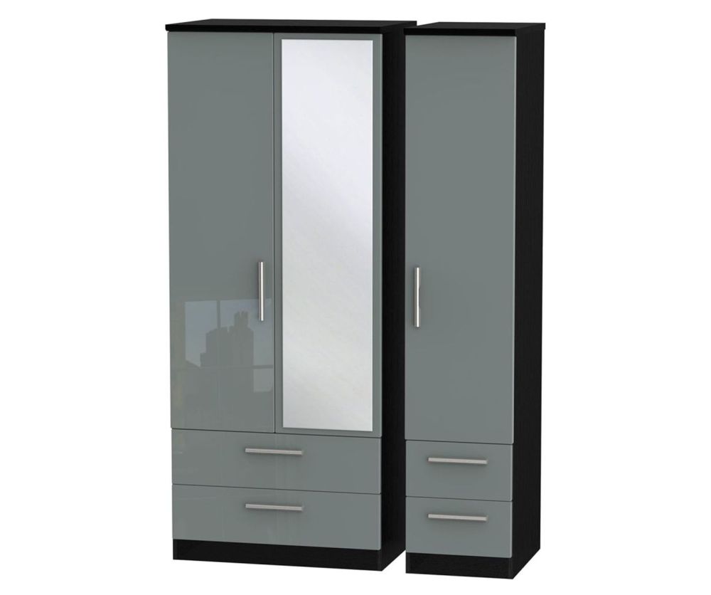 Welcome Furniture Knightsbridge High Gloss Grey and Black 3 Door 4 Drawer Mirror Triple Wardrobe