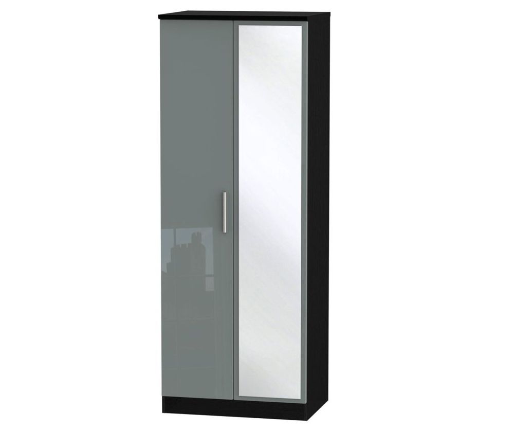 Welcome Furniture Knightsbridge High Gloss Grey and Black 2 Door Tall Mirror Double Wardrobe
