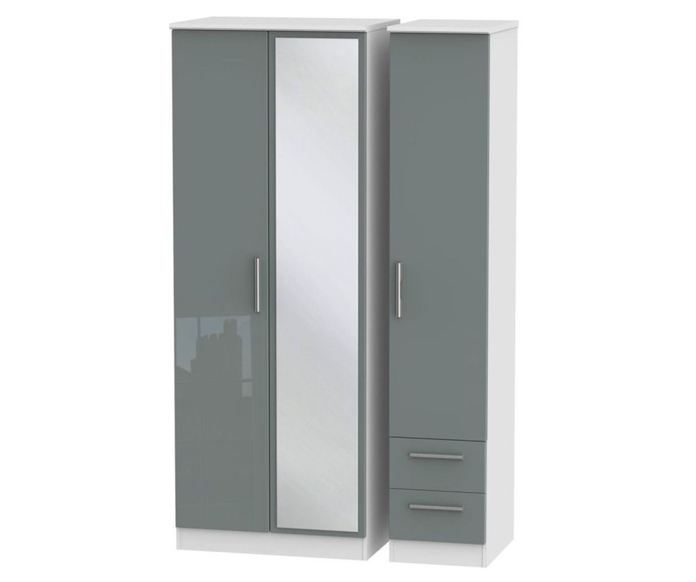 Welcome Furniture Knightsbridge High Gloss Grey and White 3 Door 2 Drawer Tall Mirror Triple Wardrobe
