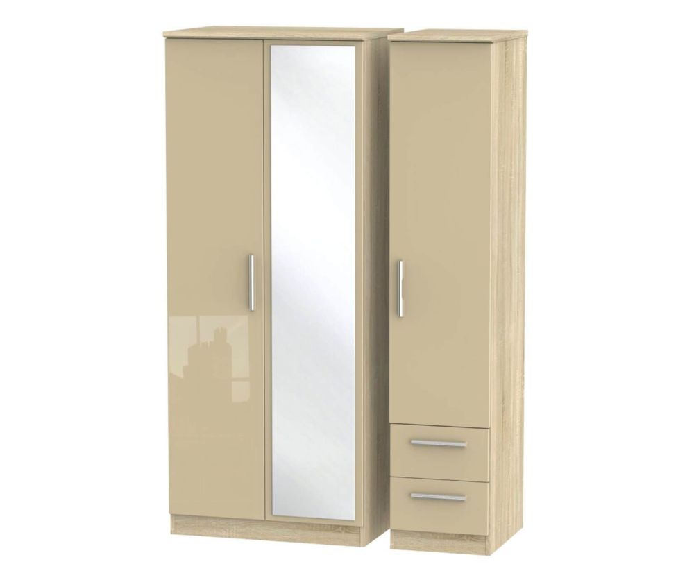 Welcome Furniture Knightsbridge High Gloss Mushroom and Bardolino 3 Door 2 Drawer Mirror Triple Wardrobe