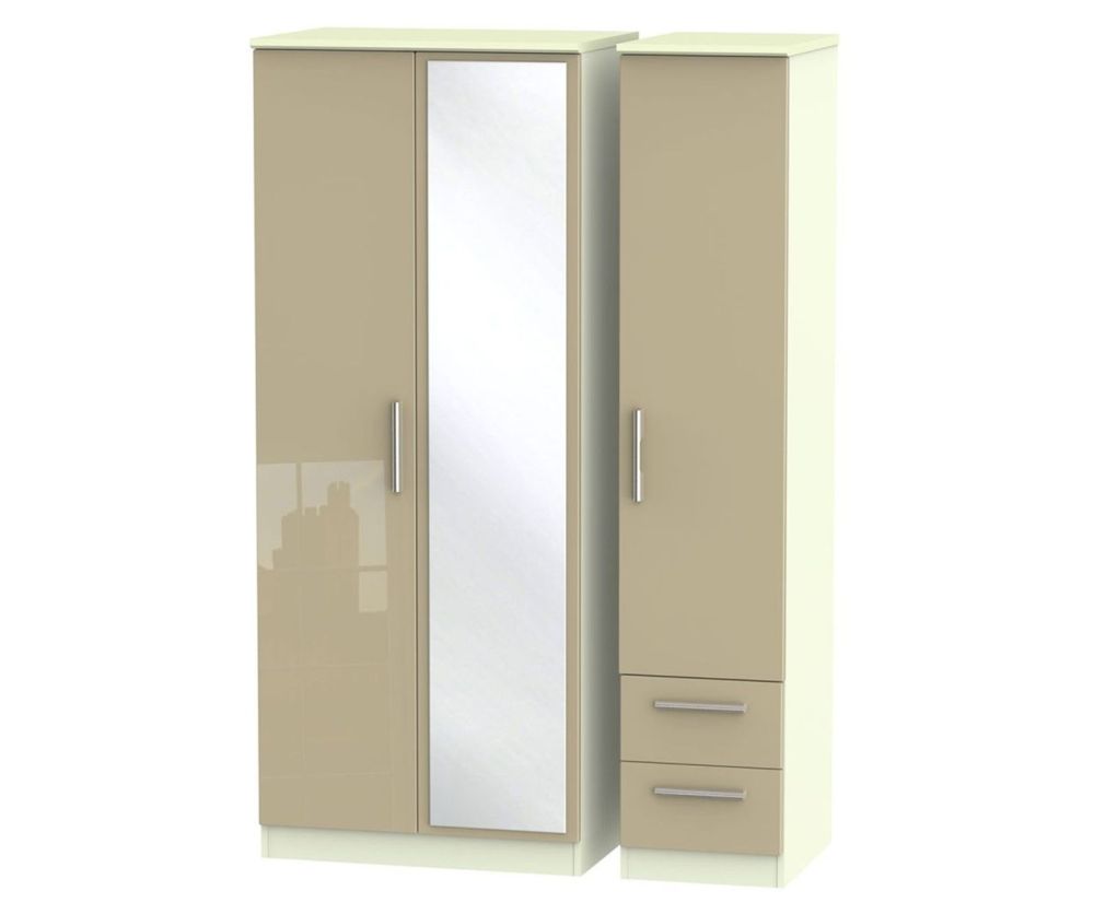 Welcome Furniture Knightsbridge High Gloss Mushroom and Cream 3 Door 2 Drawer Mirror Triple Wardrobe