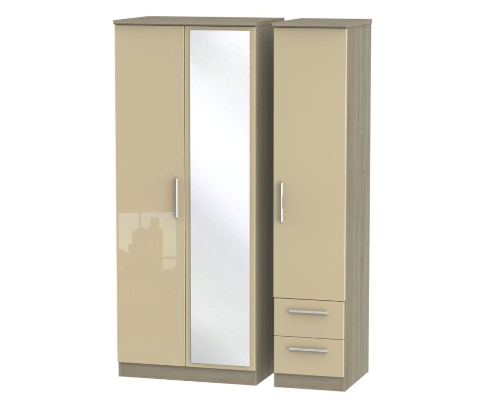 Welcome Furniture Knightsbridge High Gloss Mushroom and Darkolino 3 Door 2 Drawer Mirror Triple Wardrobe