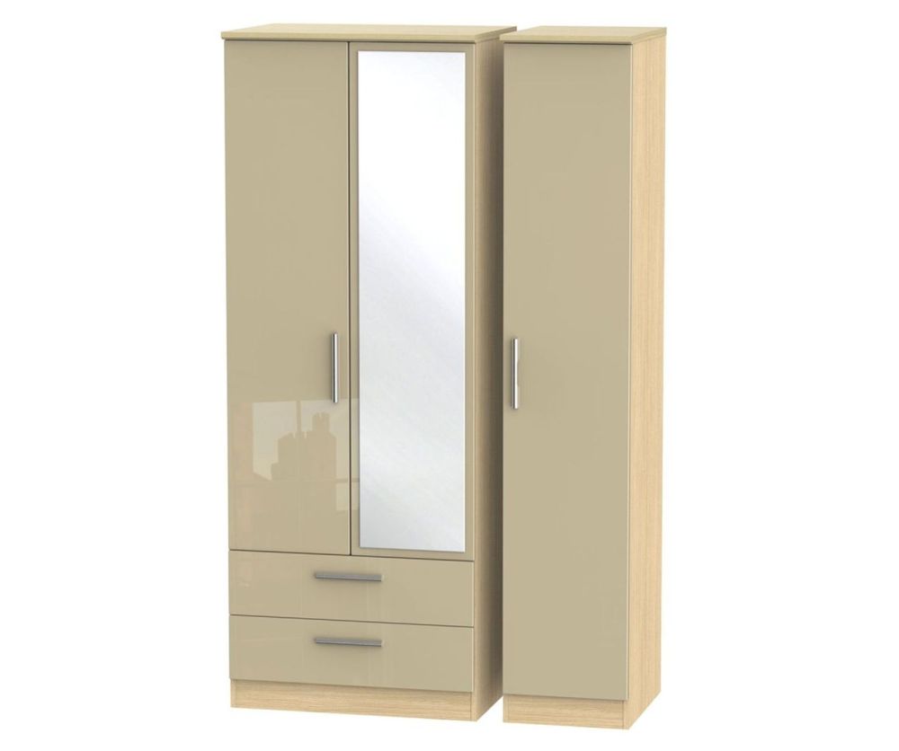 Welcome Furniture Knightsbridge High Gloss Mushroom and Light Oak 3 Door 2 Drawer Tall Mirror Triple Wardrobe